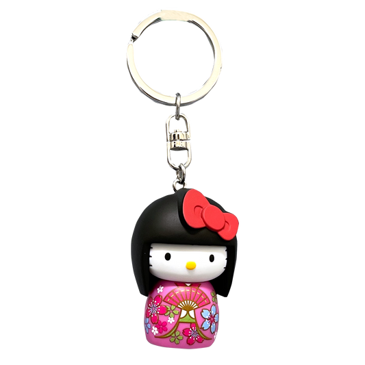 Sanrio | Asunarosya Kokeshi  Hello Kitty Keychain - Sakura Kimono Cherry Blossoms and Red Ribbon