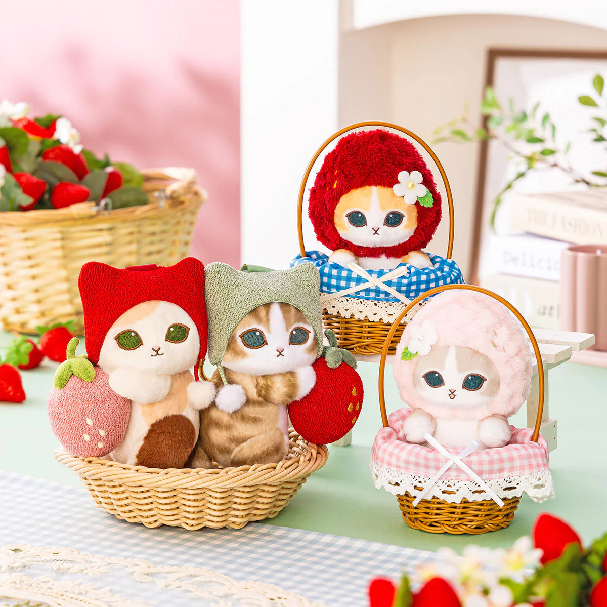 Mofusand | Mofusand MERCI STRAWBERRY Basket Plush Toy - Pink