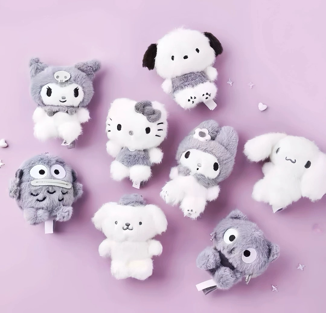 Sanrio Korea | Sanrio Fluffy Grey & White Plush Keychain